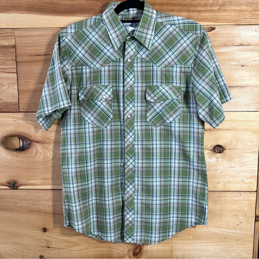 Wrangler Men's Green Plaid Western Shirt Pearly Buttons Cowboy Country